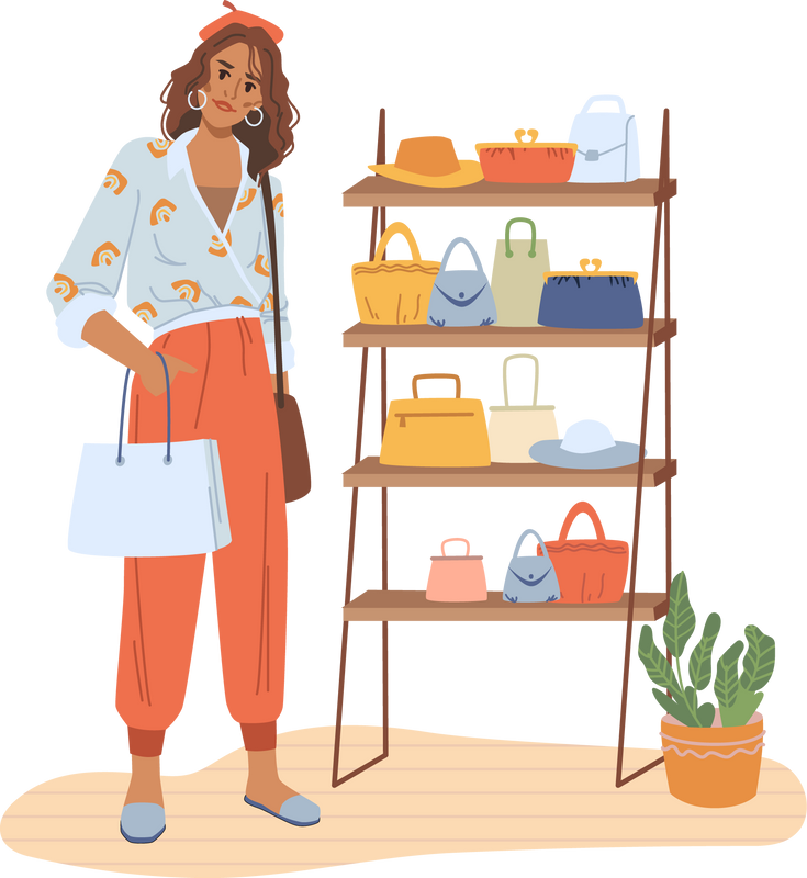 Buyer Woman Choosing Bag, Stand with Modern Purses